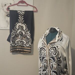 Ellen Tracy Black and White Patterned Blouse and Pant Set Worn Once